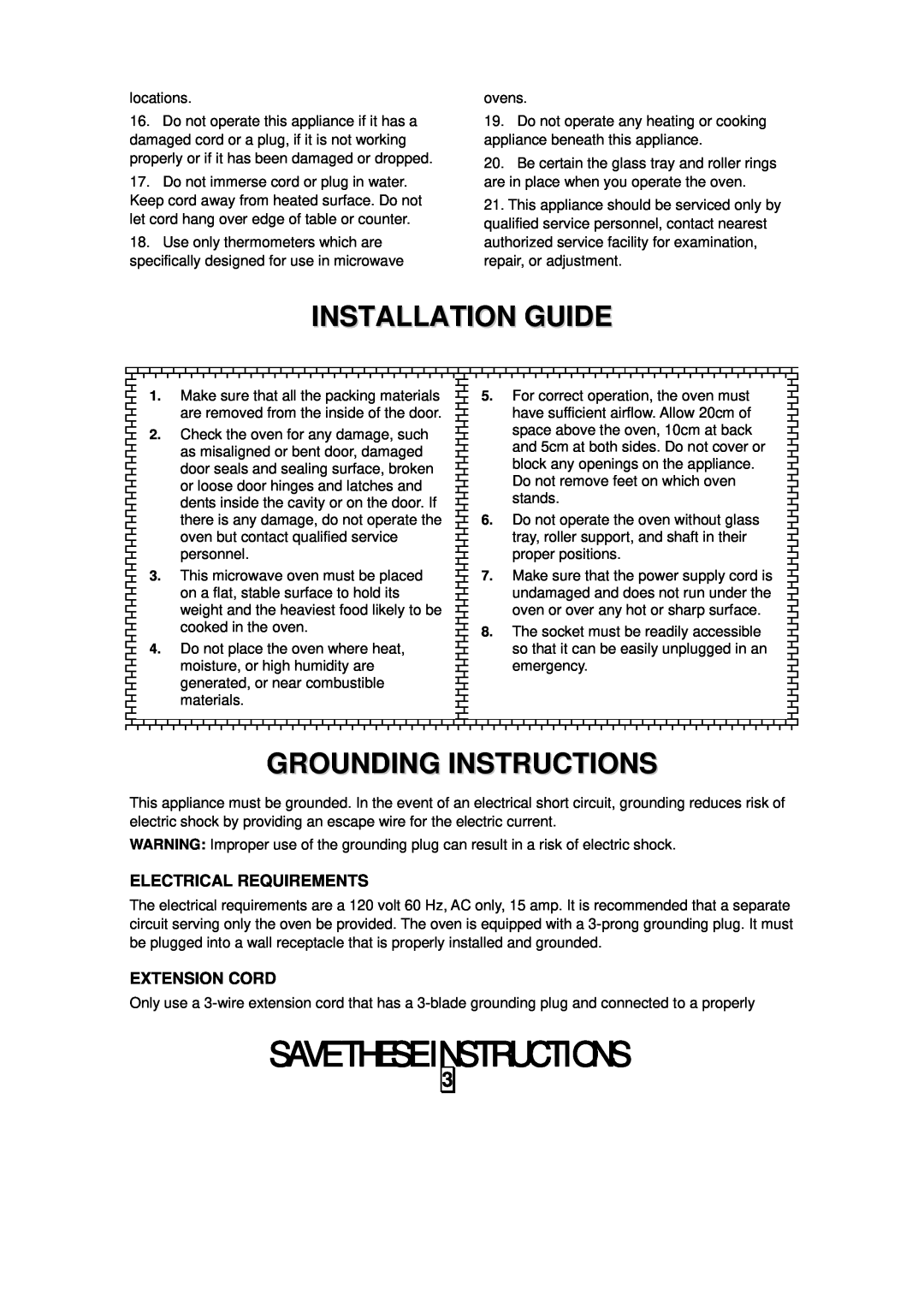 Sanyo EM-S7595S instruction manual Installation Guide, Grounding Instructions, Electrical Requirements, Extension Cord 