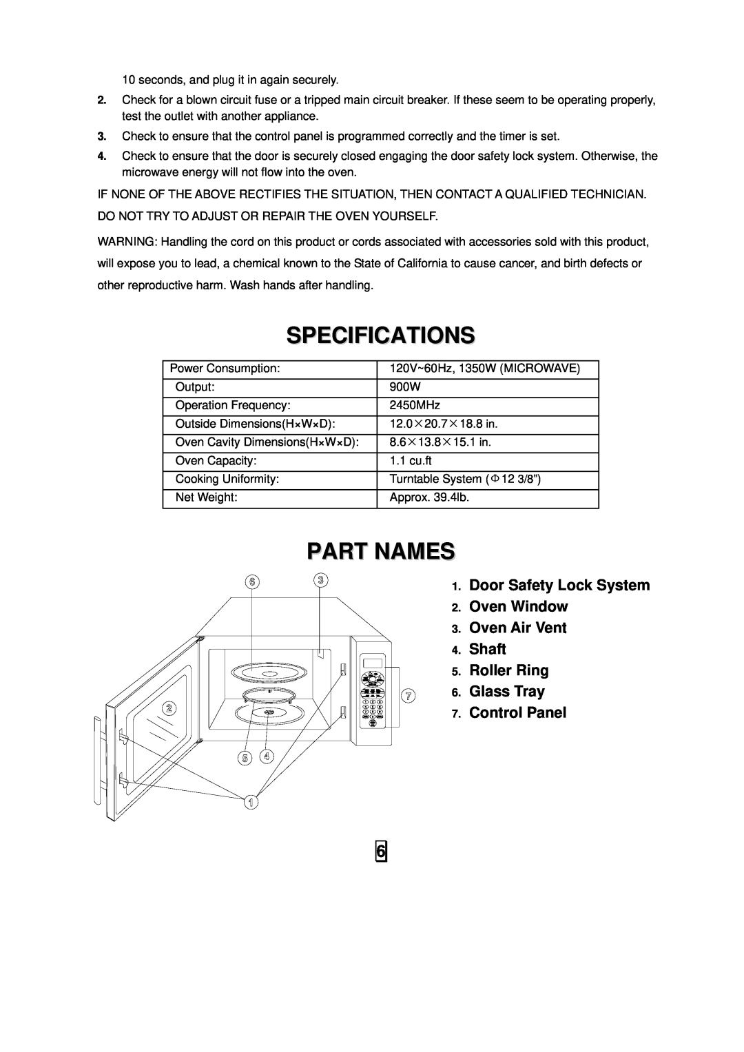 Sanyo EM-S7595S Specifications, Part Names, Door Safety Lock System 2. Oven Window, Oven Air Vent 4. Shaft 5. Roller Ring 