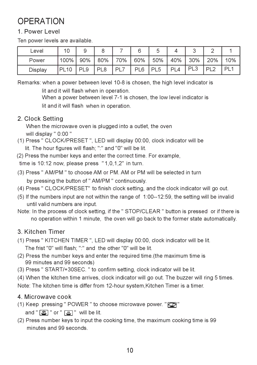 Sanyo EM-S8586V instruction manual Power Level, Clock Setting, Kitchen Timer, Microwave cook 