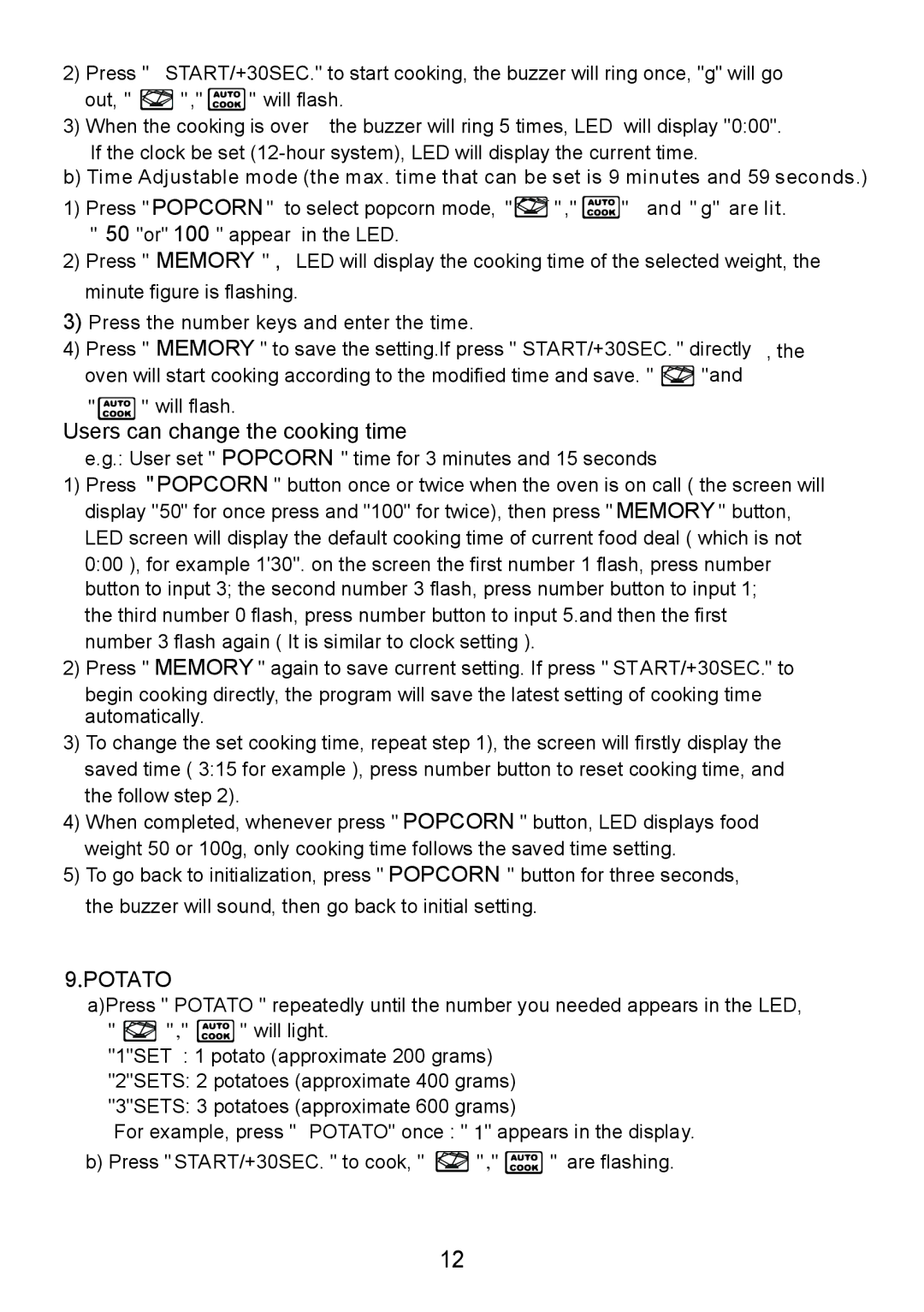 Sanyo EM-S8586V instruction manual Users can change the cooking time, Potato 