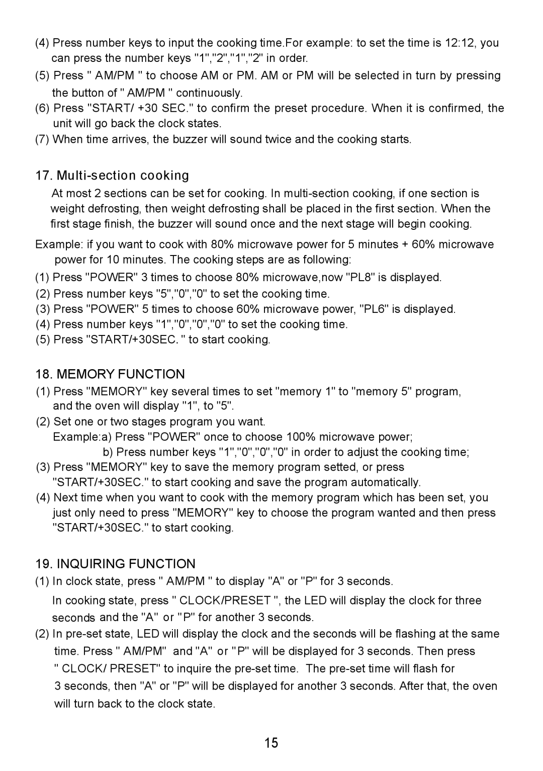 Sanyo EM-S8586V instruction manual Multi-section cooking, Memory Function, Inquiring Function 