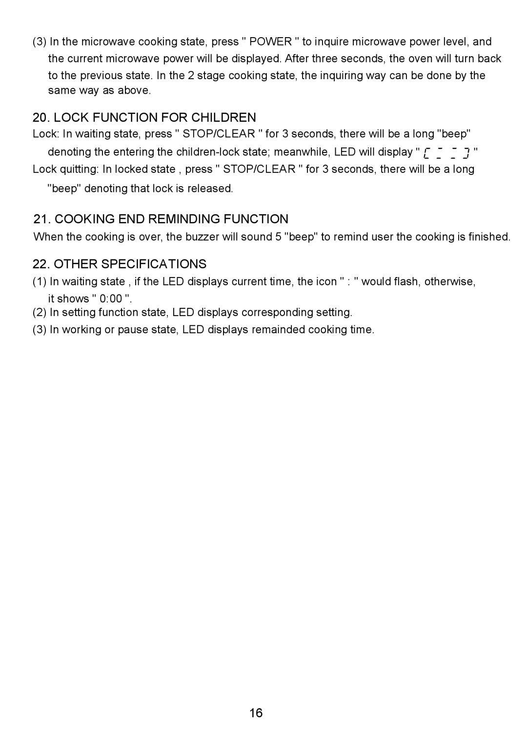 Sanyo EM-S8586V instruction manual Lock Function for Children, Cooking END Reminding Function, Other Specifications 