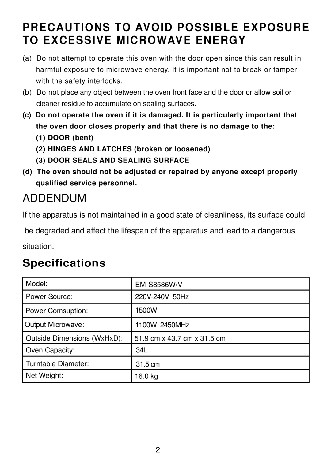 Sanyo EM-S8586V instruction manual Addendum, Door Seals and Sealing Surface 