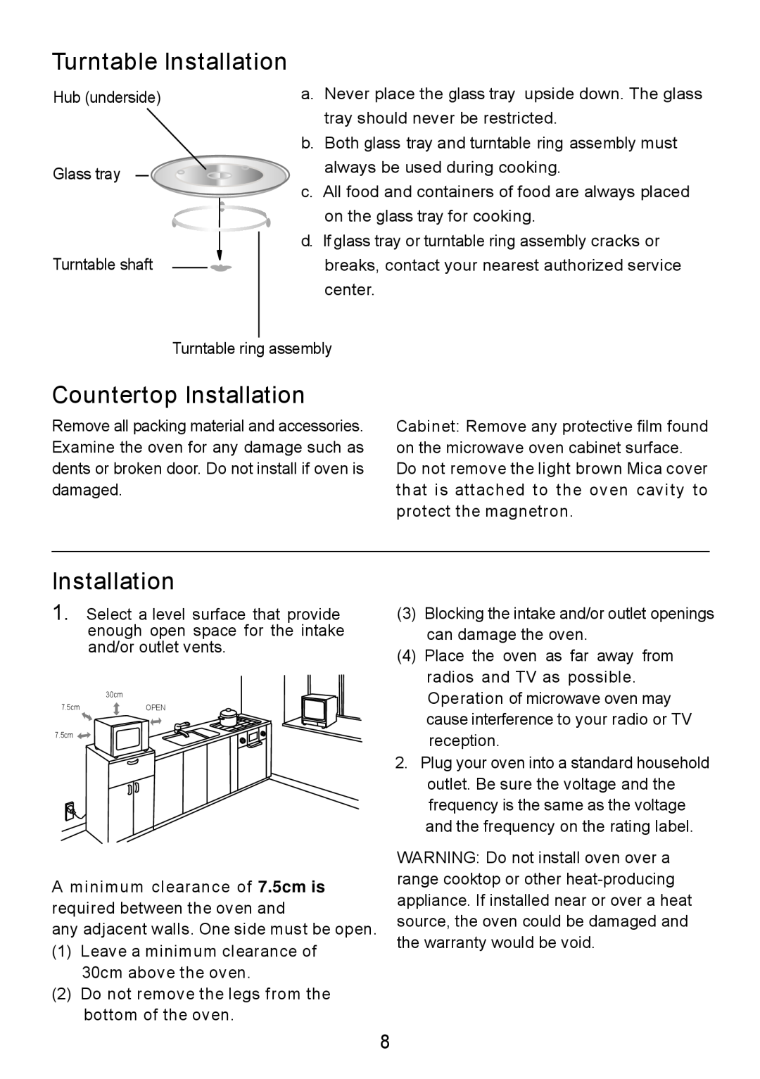 Sanyo EM-S8586V instruction manual Turntable Installation, Countertop Installation 