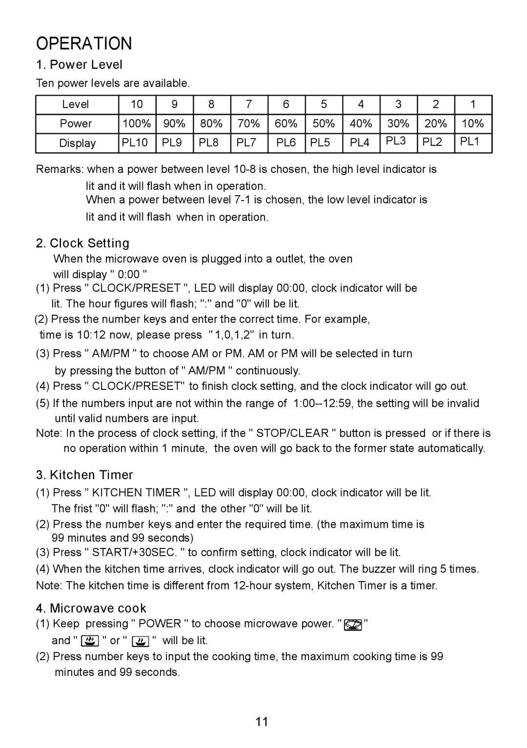 Sanyo EM-S8588V instruction manual Power Level, Clock Setting, Kitchen Timer, Microwave cook 