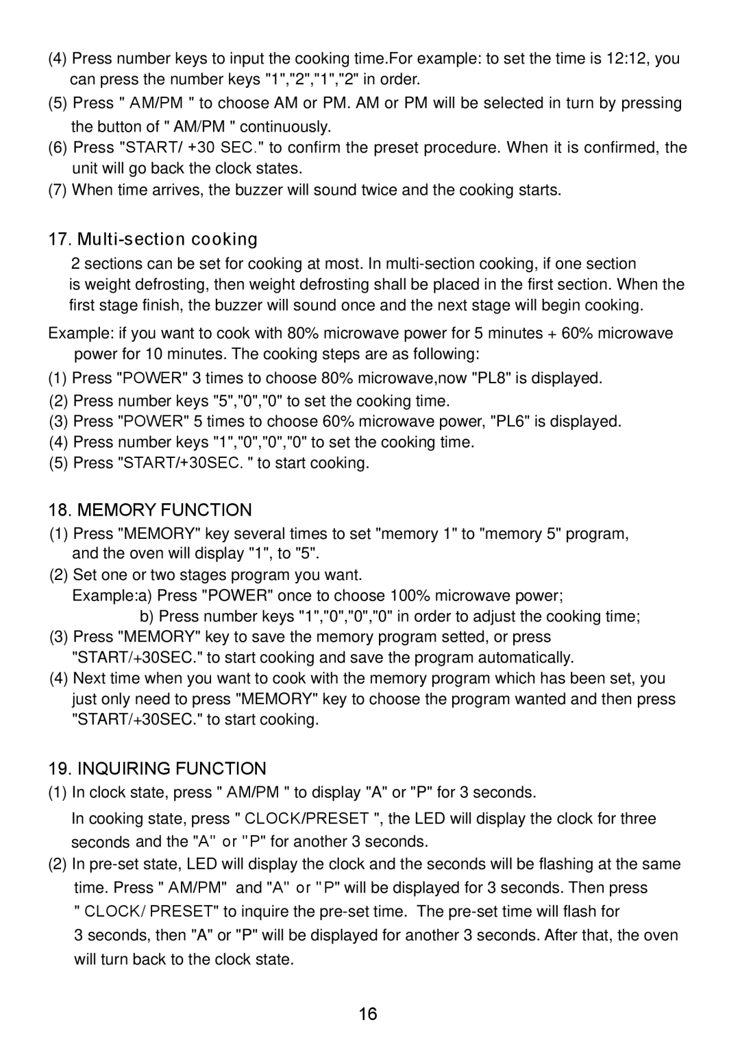 Sanyo EM-S8588V instruction manual Multi-section cooking, Memory Function, Inquiring Function 