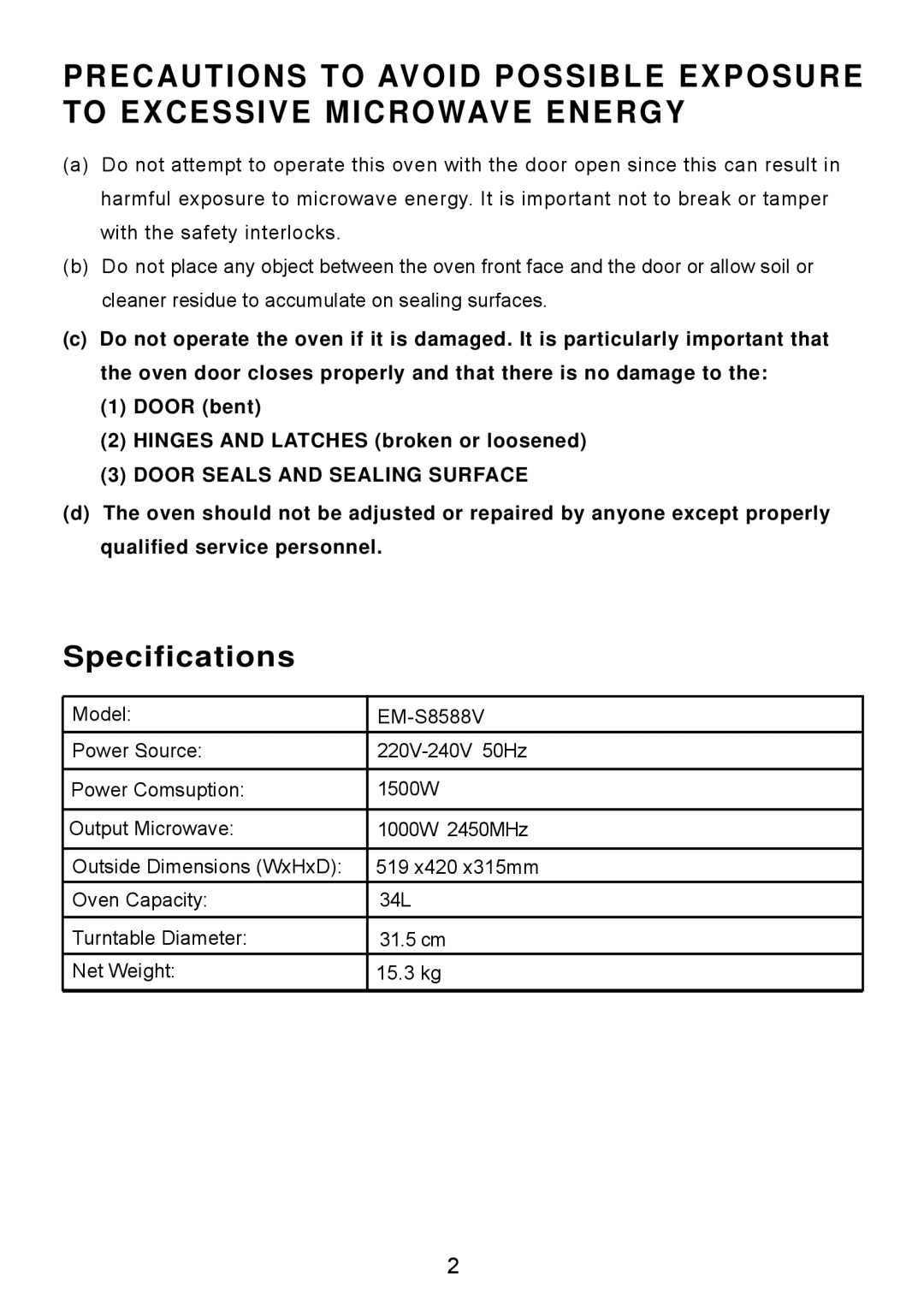 Sanyo EM-S8588V instruction manual Precautions To Avoid Possible Exposure To Excessive Microwave Energy, Specifications 
