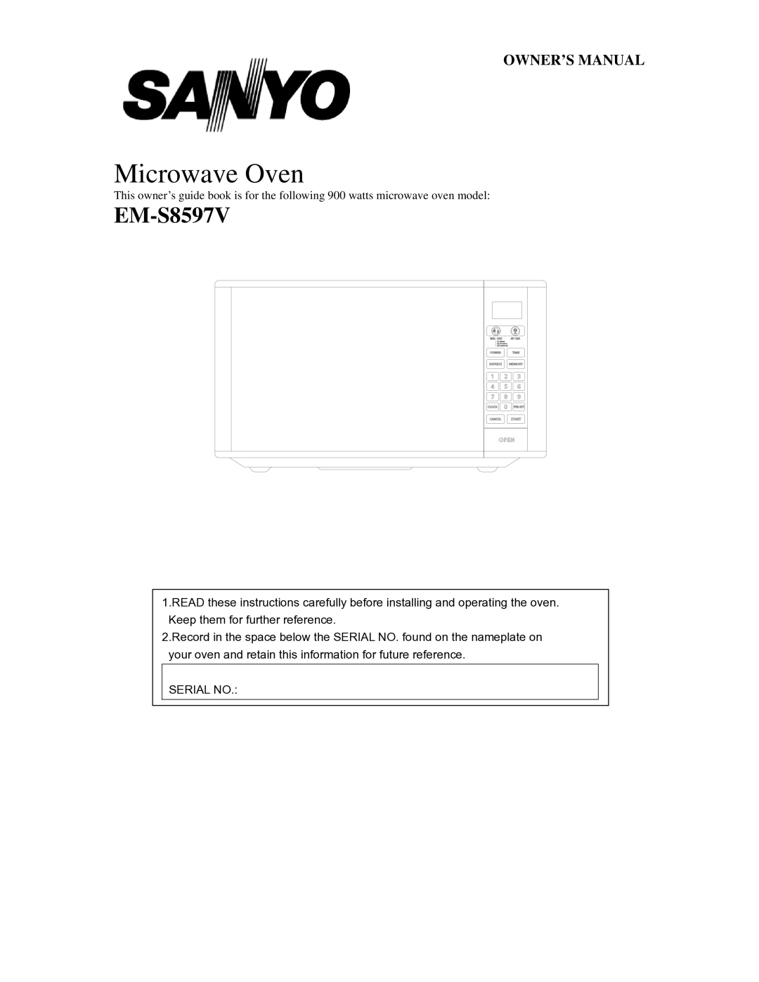 Sanyo EM-S8597V owner manual Microwave Oven 