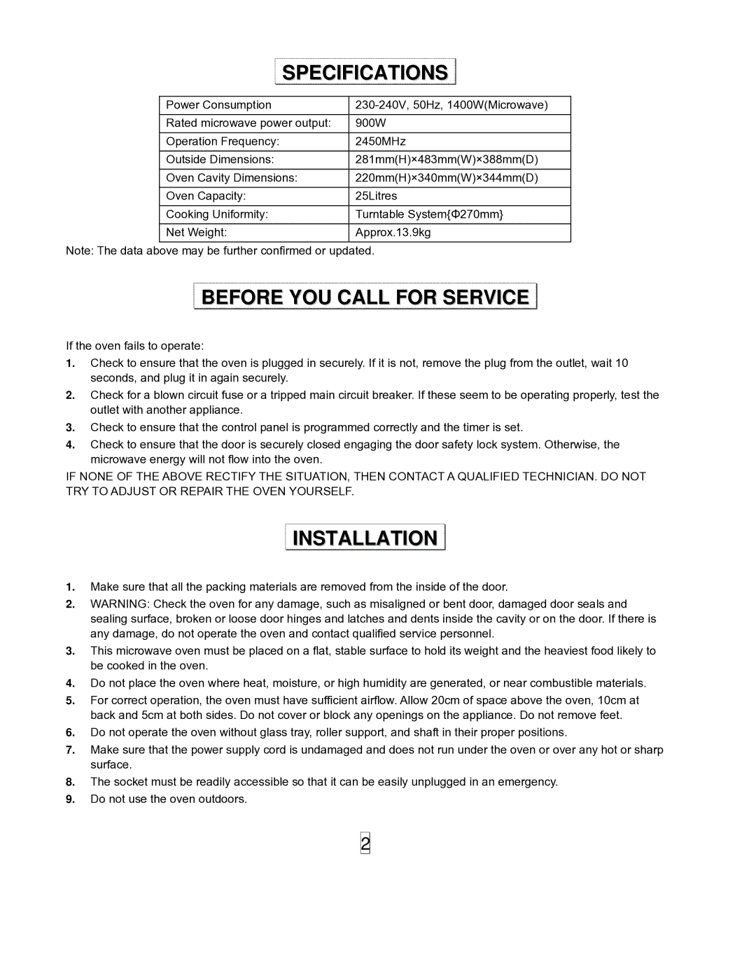 Sanyo EM-S8597V owner manual Specifications, Before YOU Call for Service, Installation 