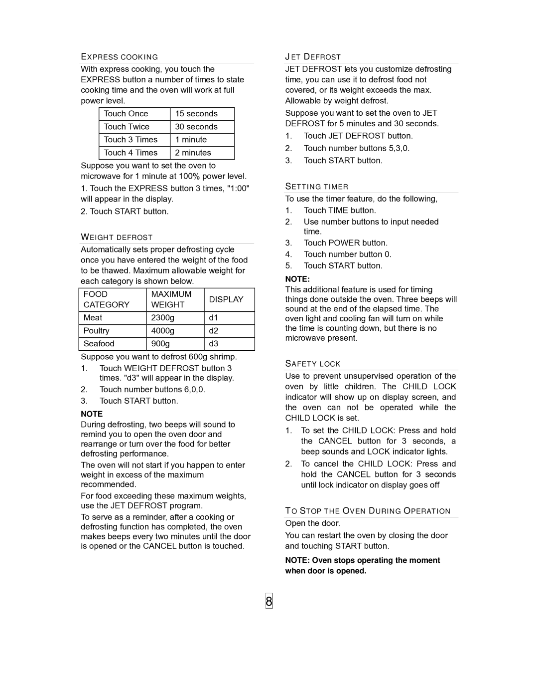 Sanyo EM-S8597V owner manual Food Maximum Display Category Weight 