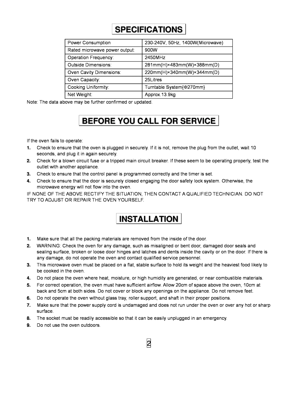 Sanyo EM-S8597V owner manual Specifications, Before You Call For Service, Installation 