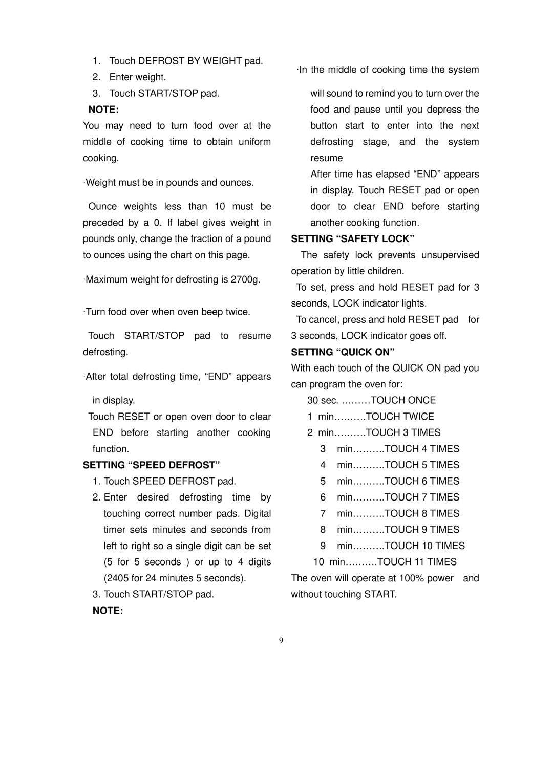 Sanyo EM-S8597W owner manual Setting Speed Defrost, Setting Safety Lock, Setting Quick on 