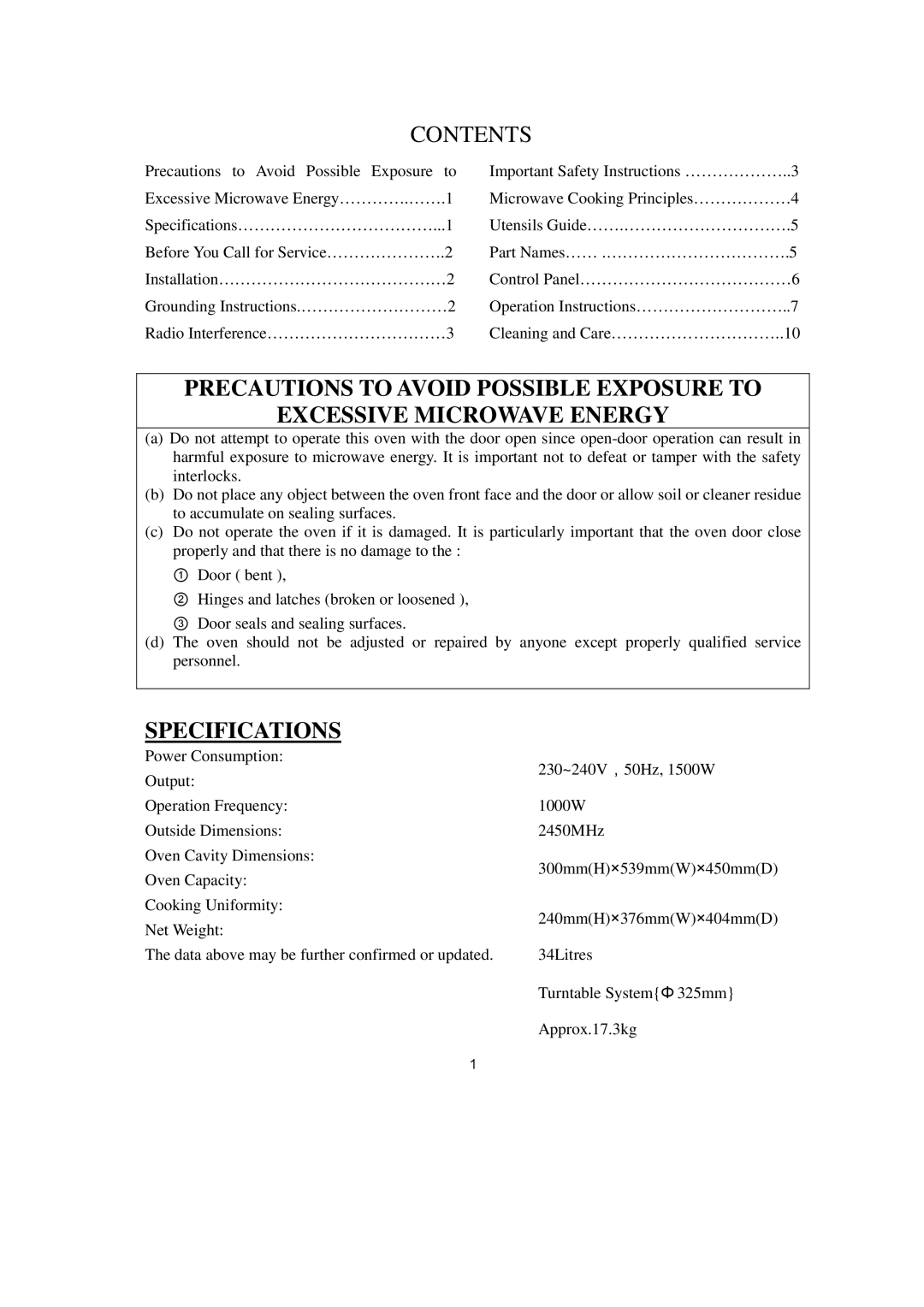 Sanyo EM-S8597W owner manual Contents, Specifications 