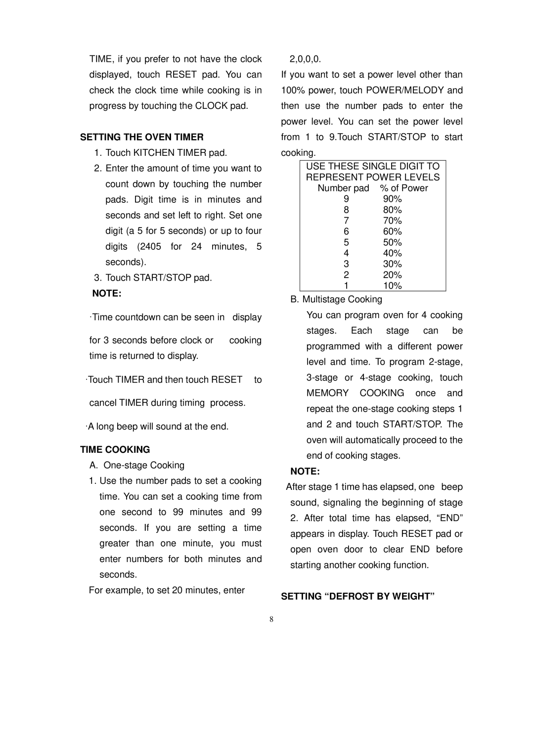 Sanyo EM-S8597W owner manual Setting the Oven Timer, Time Cooking, Setting Defrost by Weight 