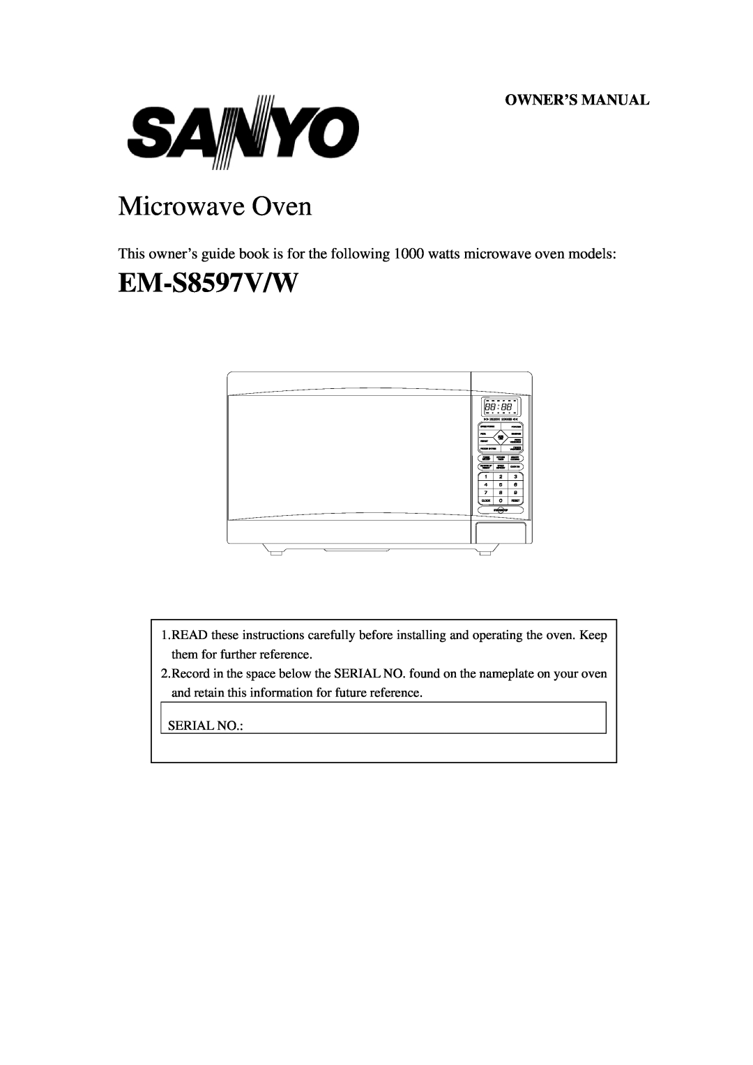 Sanyo EM-S8597W owner manual Microwave Oven, EM-S8597V/W 
