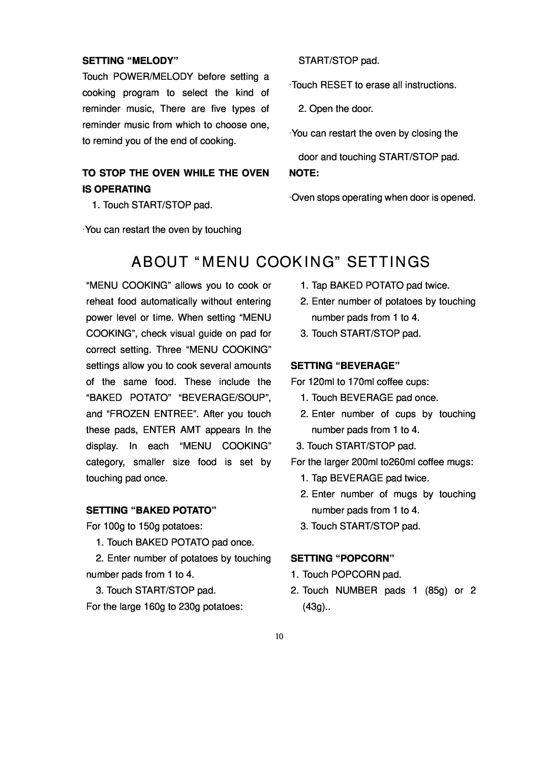 Sanyo EM-S8597W owner manual About “Menu Cooking” Settings, Setting “Melody”, To Stop The Oven While The Oven Is Operating 