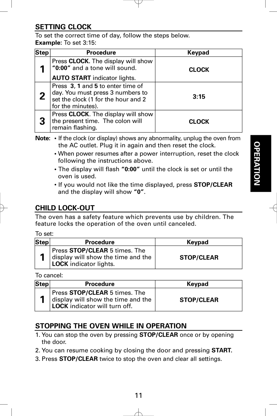 Sanyo EM-S9515W instruction manual Setting Clock, Child LOCK-OUT, Stopping the Oven While in Operation, Stop/Clear 