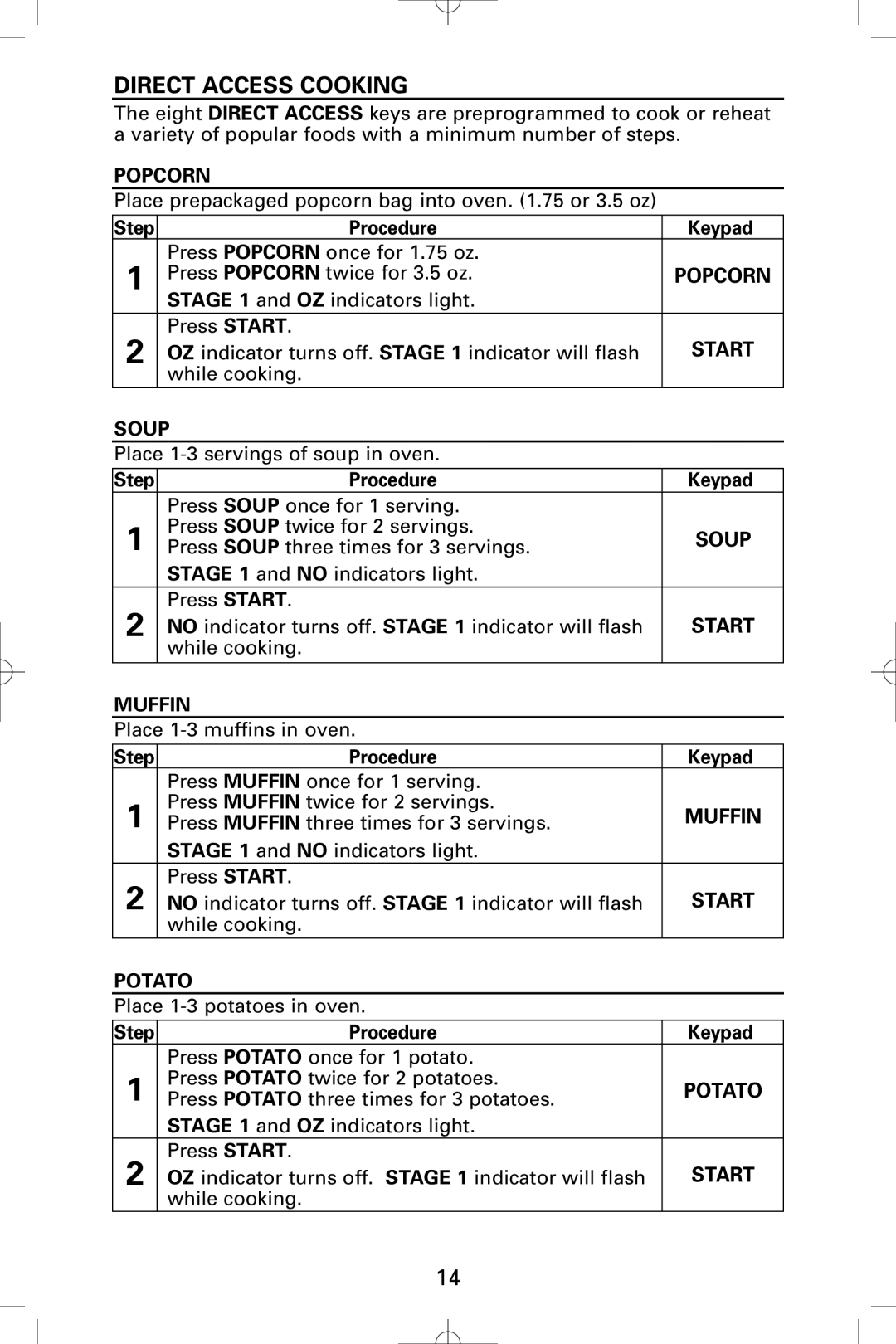 Sanyo EM-S9515W instruction manual Direct Access Cooking, Popcorn, Soup, Muffin, Potato 