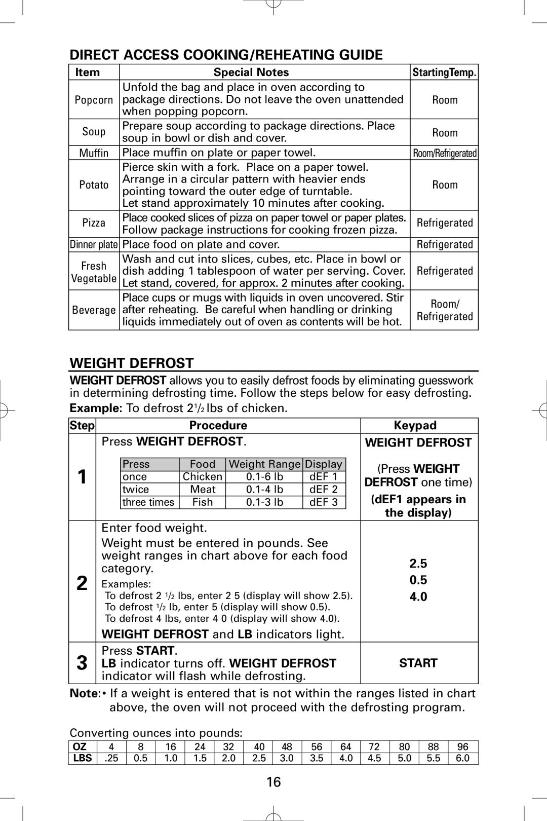 Sanyo EM-S9515W instruction manual Direct Access COOKING/REHEATING Guide, Procedure Keypad Press Weight Defrost 