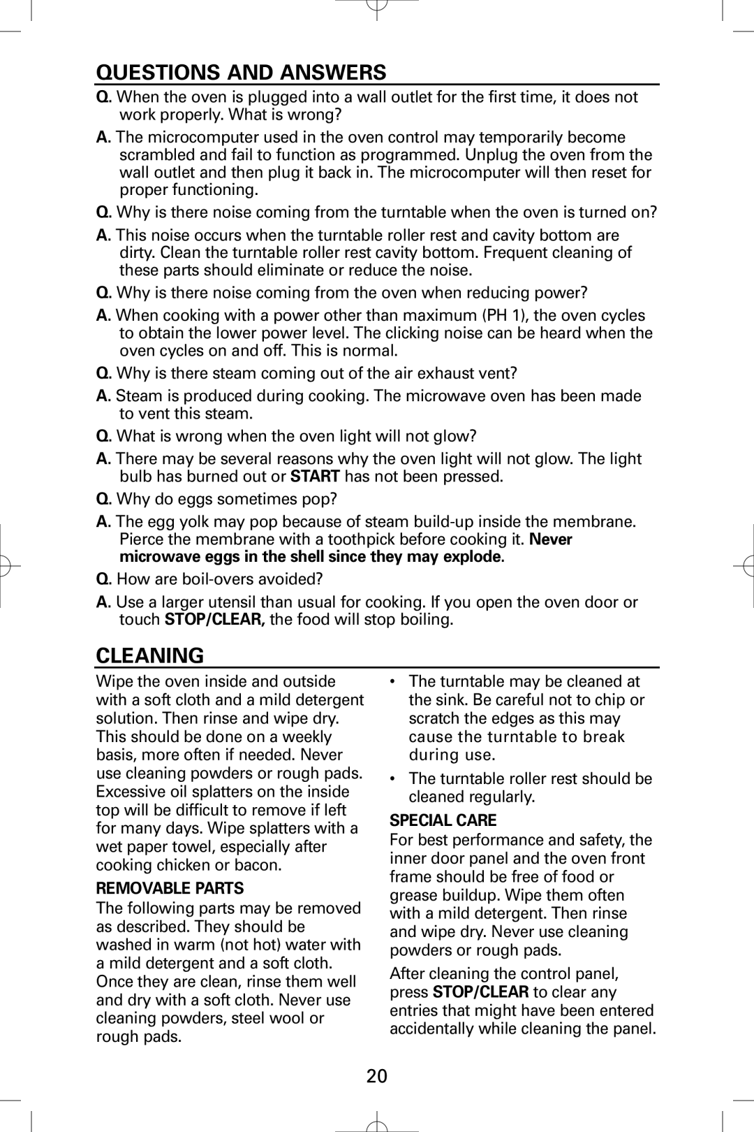 Sanyo EM-S9515W instruction manual Removable Parts, Special Care 