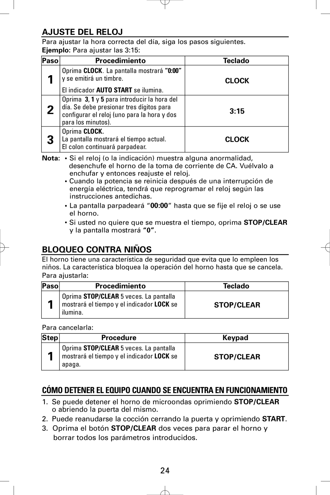 Sanyo EM-S9515W instruction manual Ajuste DEL Reloj, Bloqueo Contra Niños, Paso Procedimiento Teclado 