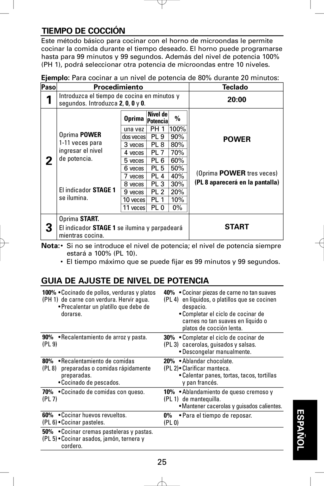 Sanyo EM-S9515W instruction manual Tiempo DE Cocción, Guia DE Ajuste DE Nivel DE Potencia, Procedimiento Teclado, Start 