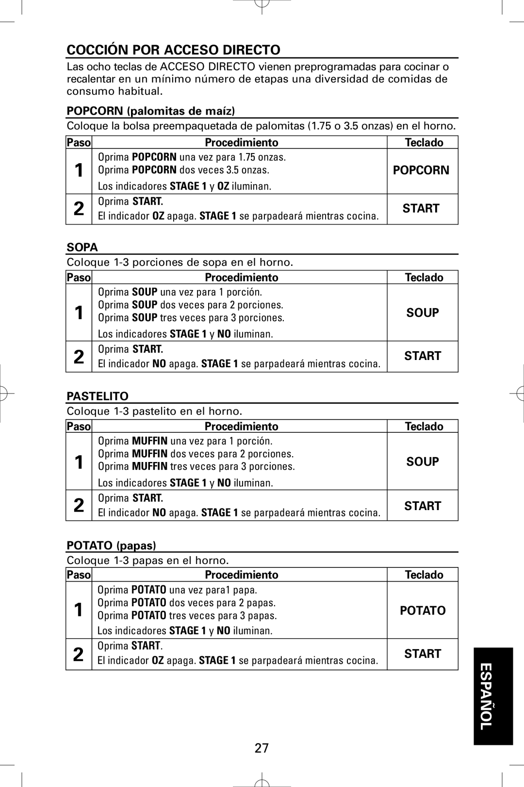 Sanyo EM-S9515W instruction manual Cocción POR Acceso Directo, Popcorn palomitas de maíz, Sopa, Pastelito, Potato papas 