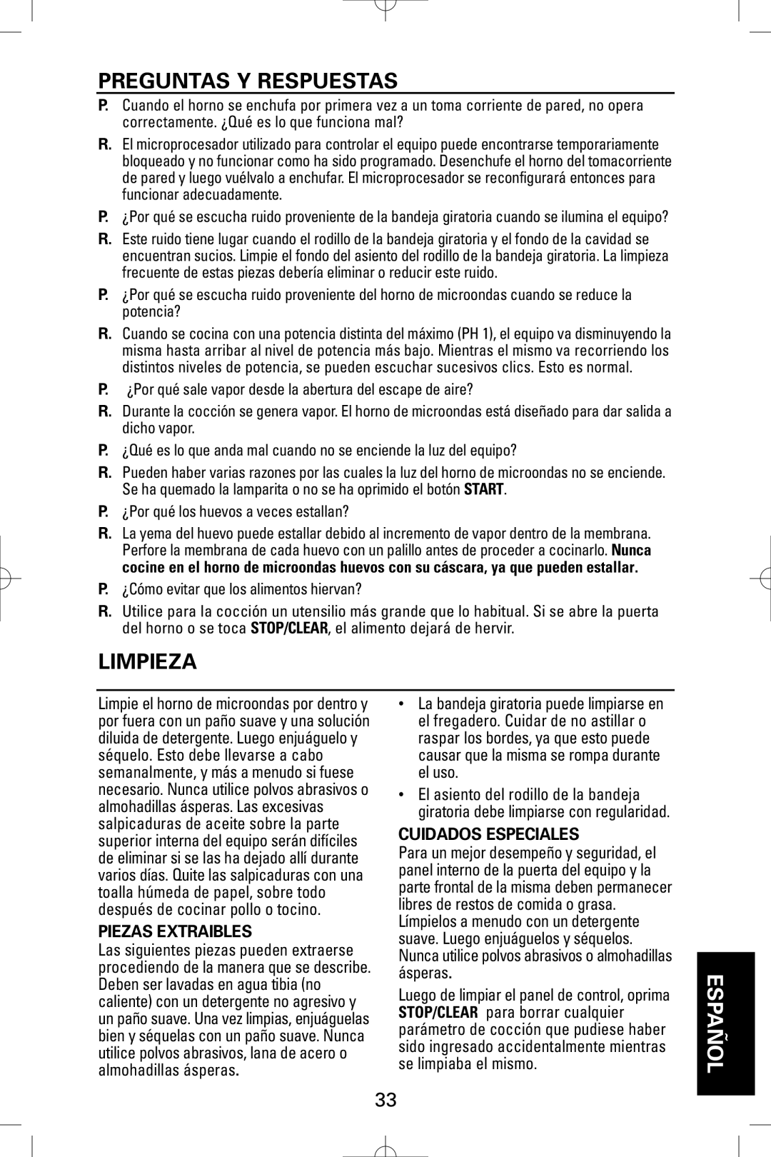 Sanyo EM-S9515W instruction manual Piezas Extraibles, Cuidados Especiales 