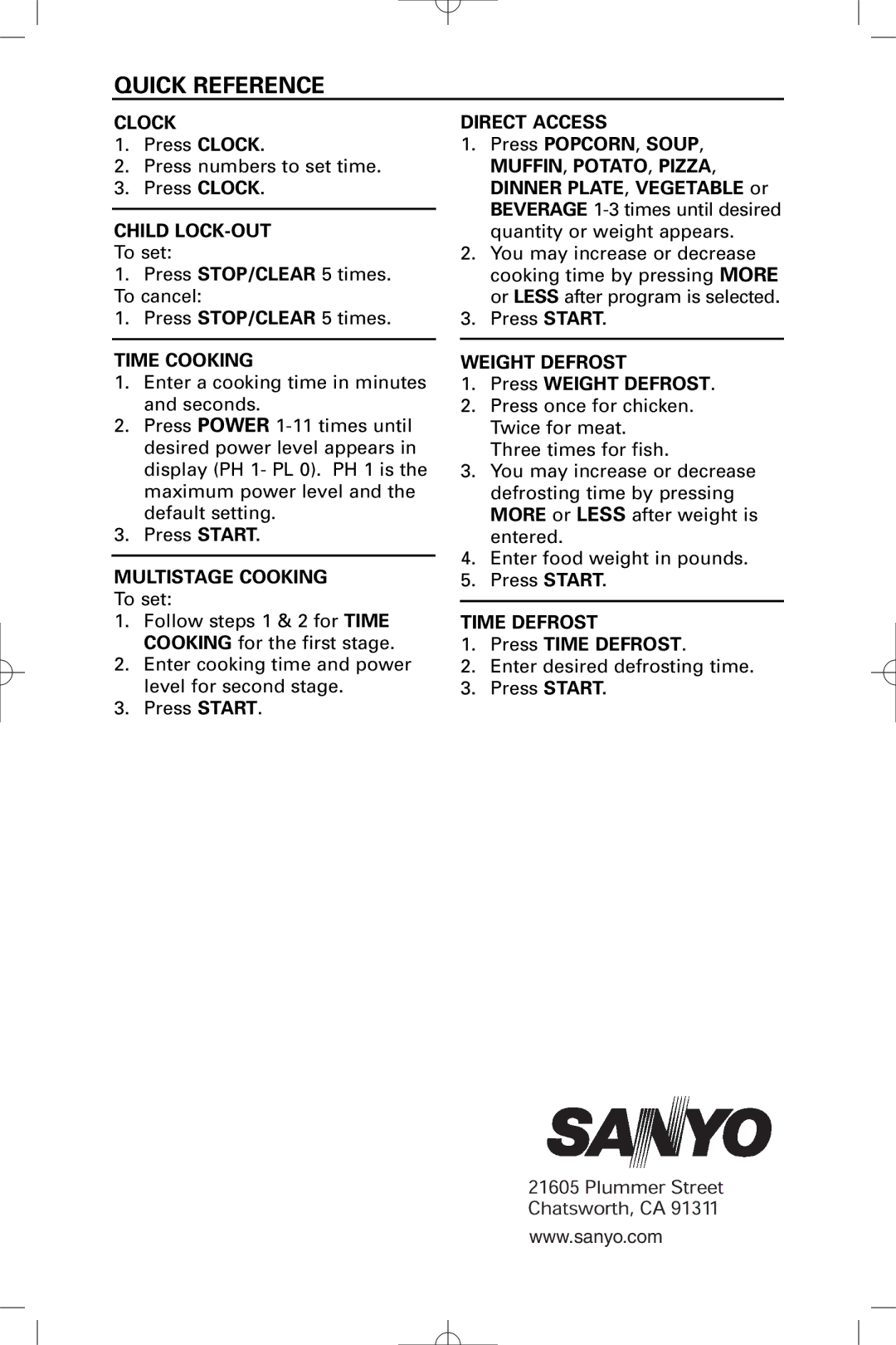 Sanyo EM-S9515W instruction manual Quick Reference, Press Weight Defrost, Press Time Defrost 