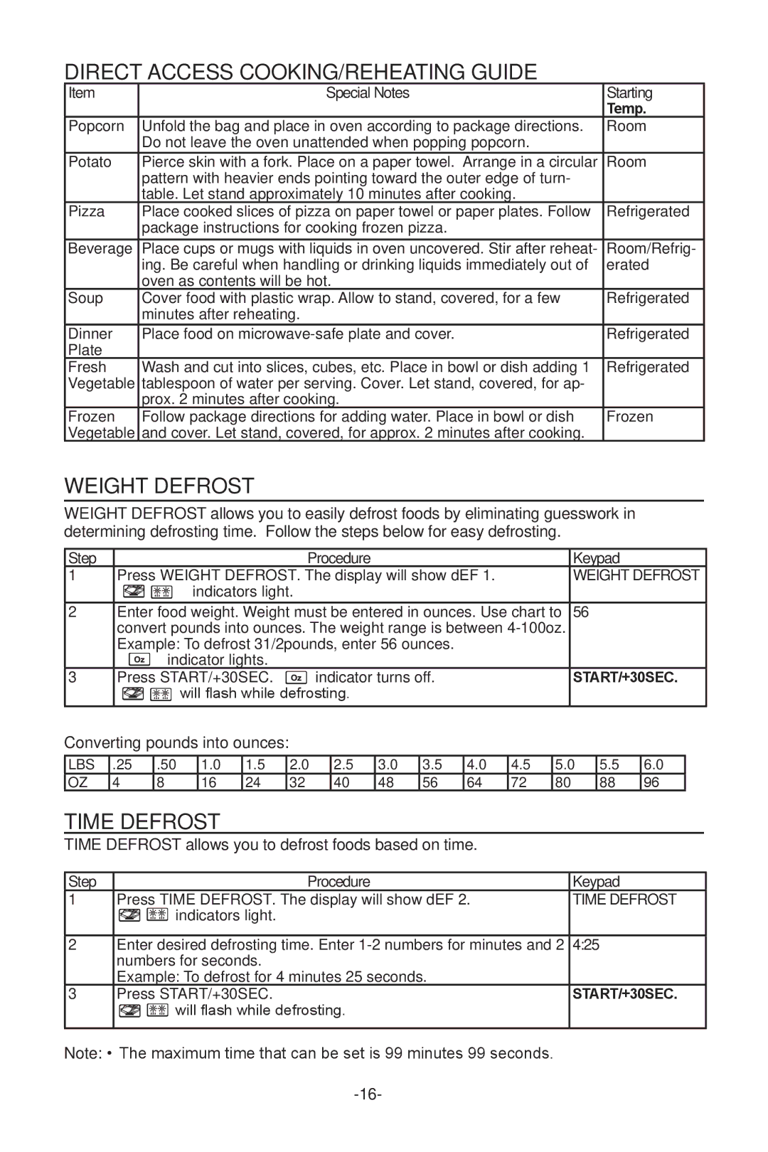 Sanyo EMS-8600S Direct Access COOKING/REHEATING Guide, Weight Defrost, Time Defrost, Converting pounds into ounces 