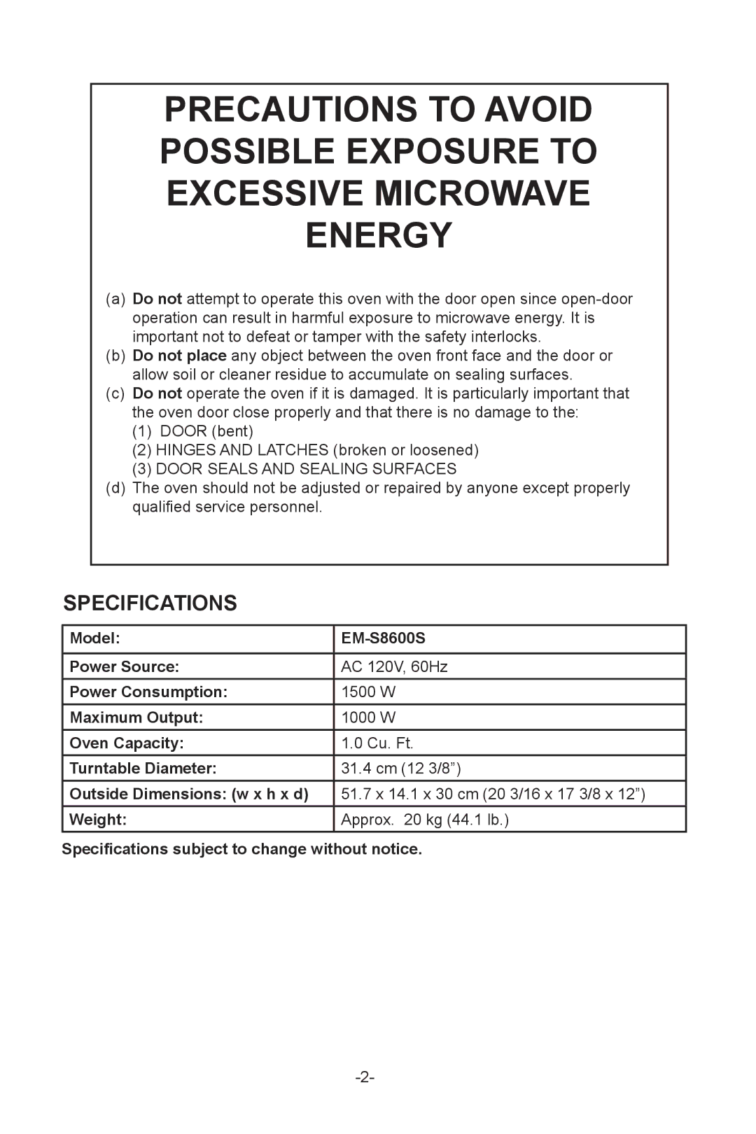 Sanyo EMS-8600S instruction manual Specifications, Door Seals and Sealing Surfaces 