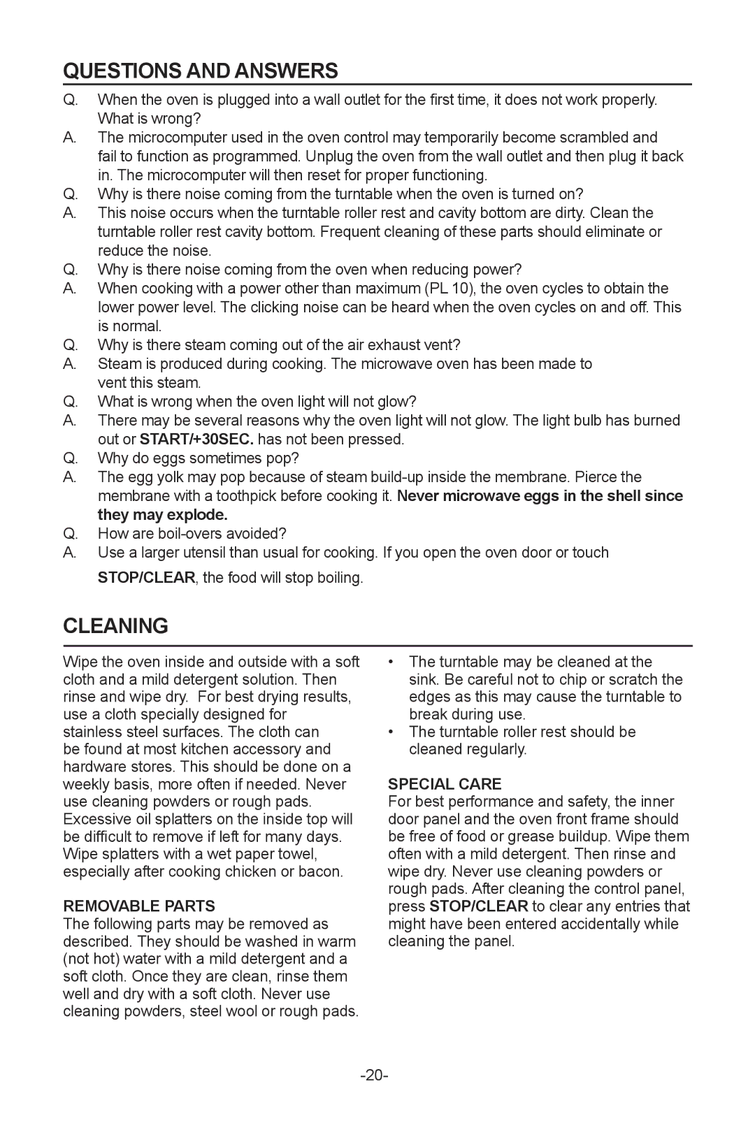 Sanyo EMS-8600S instruction manual Questions and Answers, Cleaning, Removable Parts, Special Care 