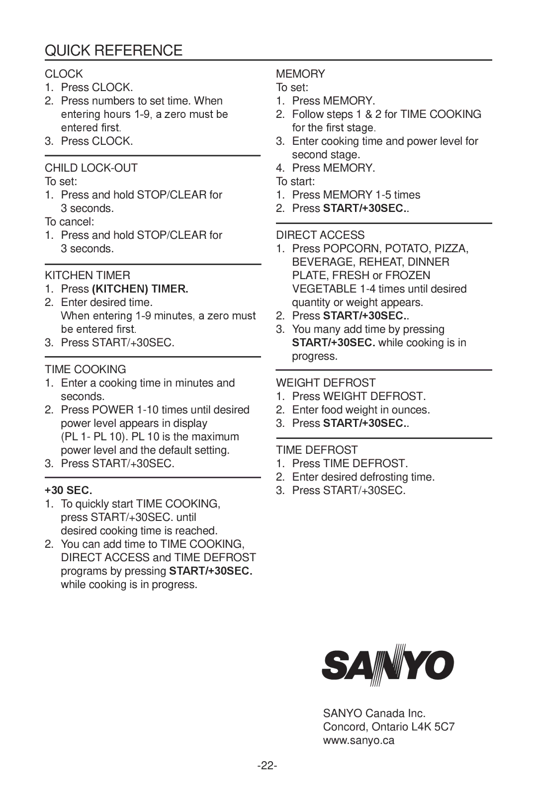 Sanyo EMS-8600S instruction manual Quick Reference 