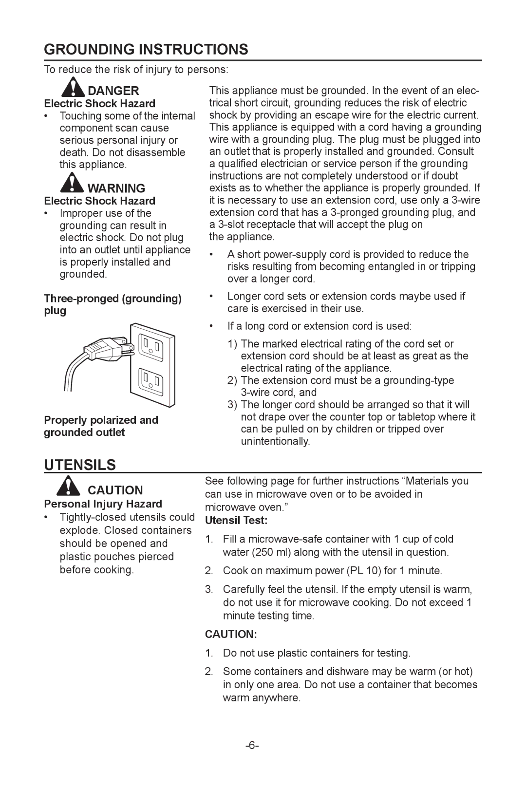 Sanyo EMS-8600S Grounding Instructions, Utensils, Electric Shock Hazard, Personal Injury Hazard, Utensil Test 