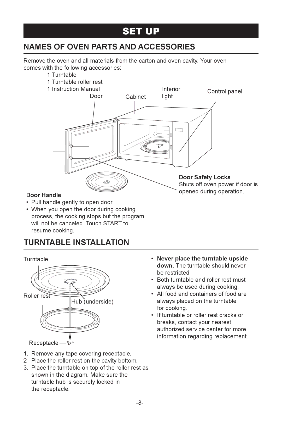 Sanyo EMS-8600S instruction manual Set Up, Names of Oven Parts and Accessories, Turntable Installation, Door Handle 