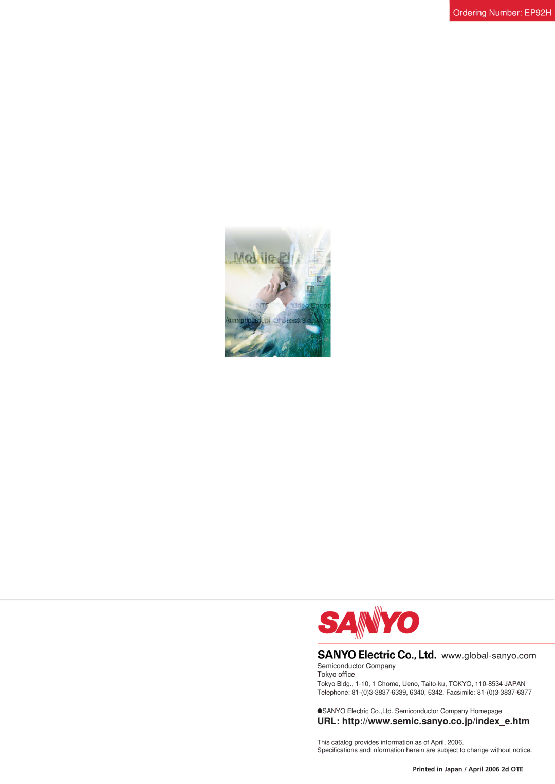 Sanyo manual Ordering Number EP92H 