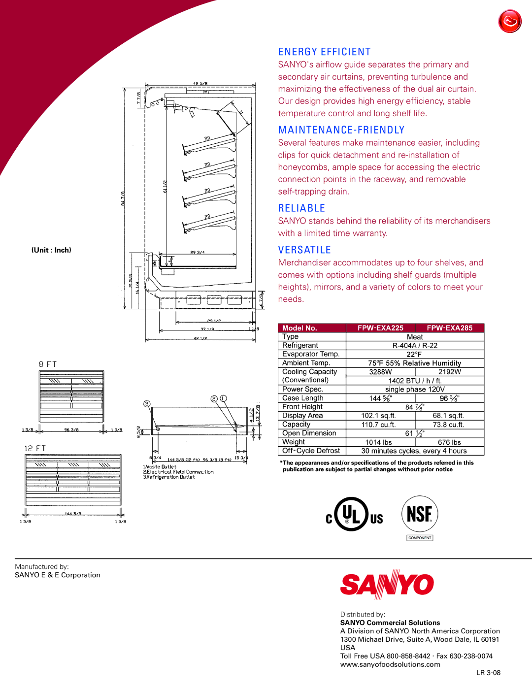 Sanyo FPW-EXA225 manual Energy Efficient, Maintenance-Friendly, Reliable, Versatile, Sanyo Commercial Solutions 