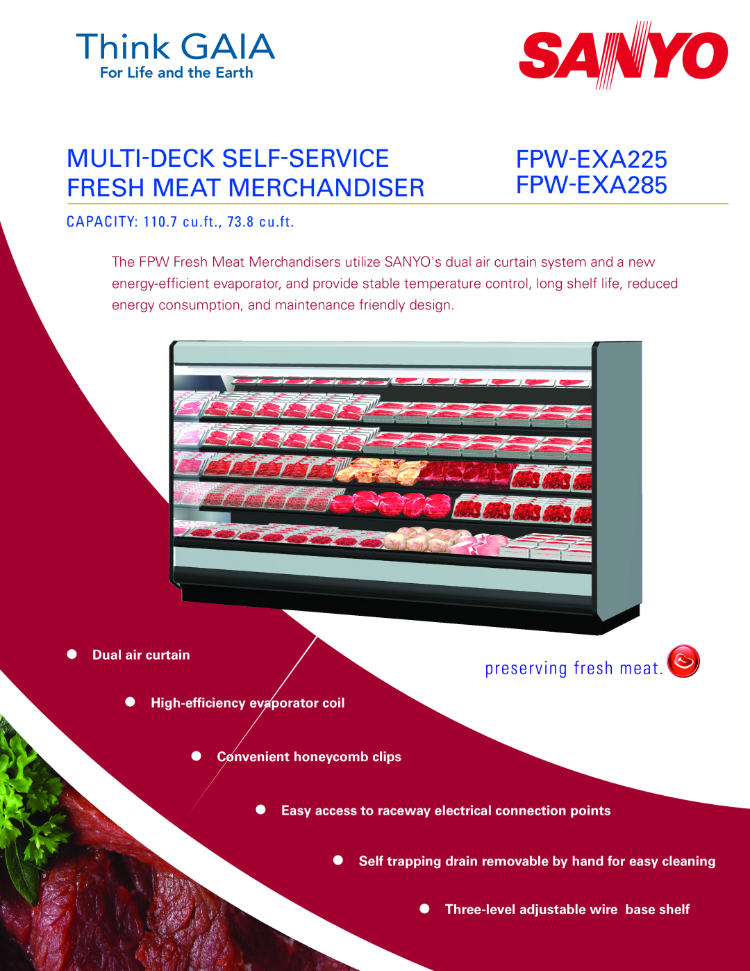 Sanyo FPW-EXA225 manual CAPACITY 110.7 cu.ft., 73.8 cu.ft, Multi-Deck Self-Service, Fresh Meat Merchandiser, FPW-EXA285 