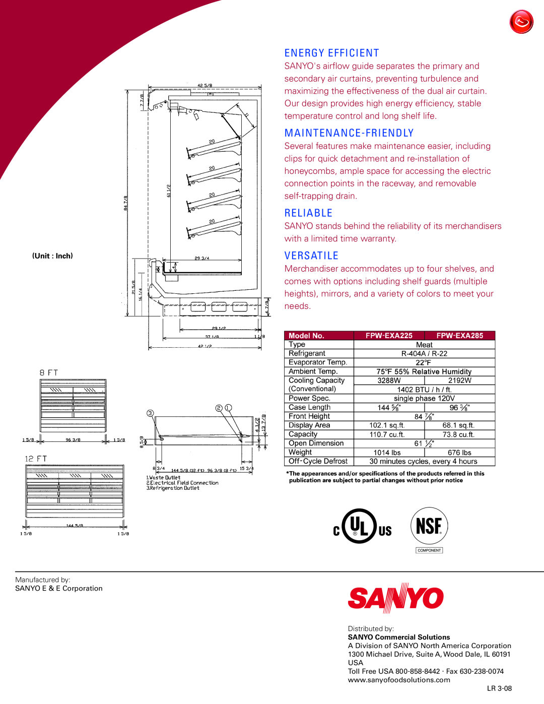 Sanyo FPW-EXA225 manual Energy Efficient, Maintenance-Friendly, Reliable, Versatile, SANYO Commercial Solutions 