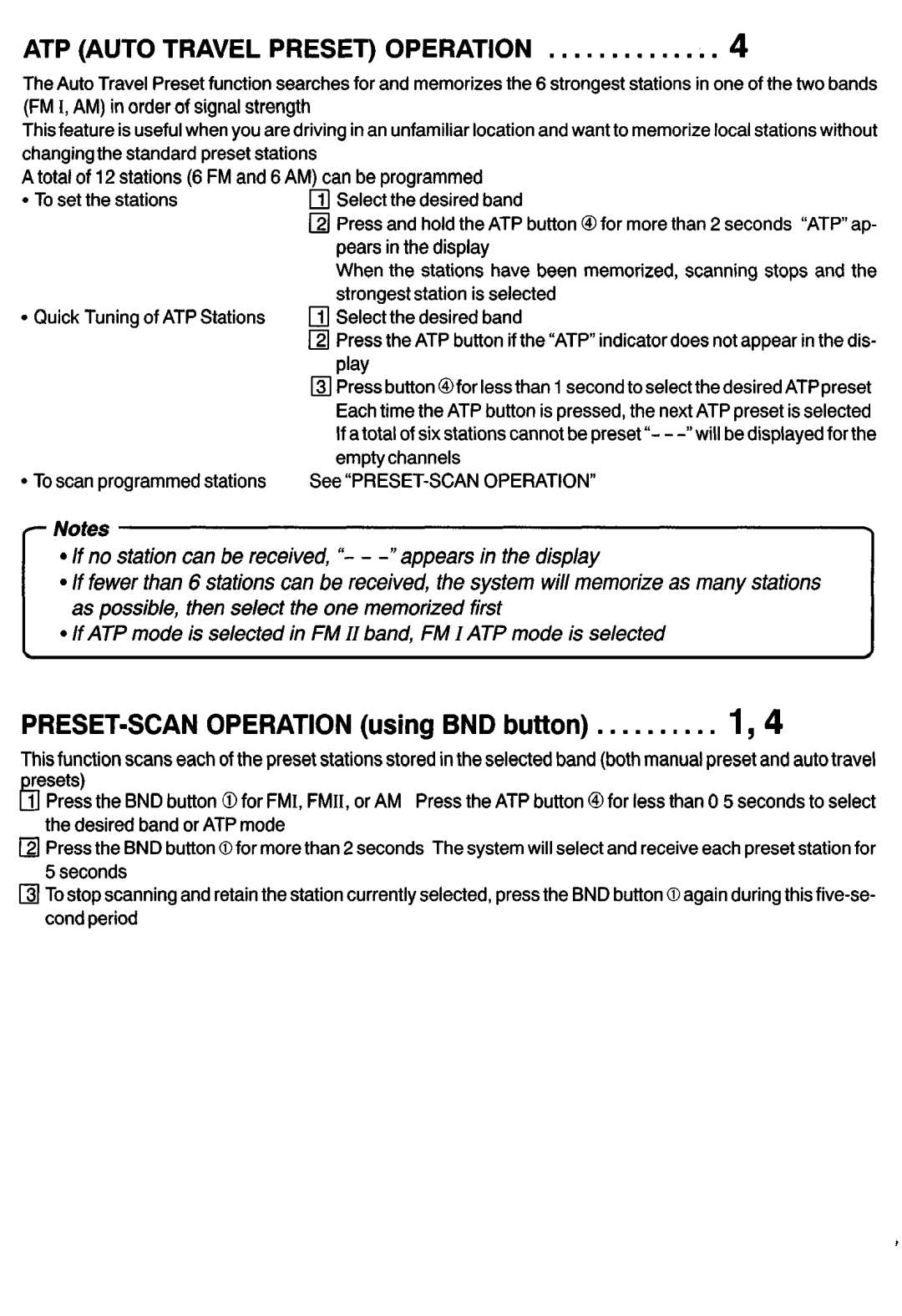 Sanyo FXCD-500 manual ATP Auto Travel Preset Operation, PRESET-SCAN Operation using BND button 