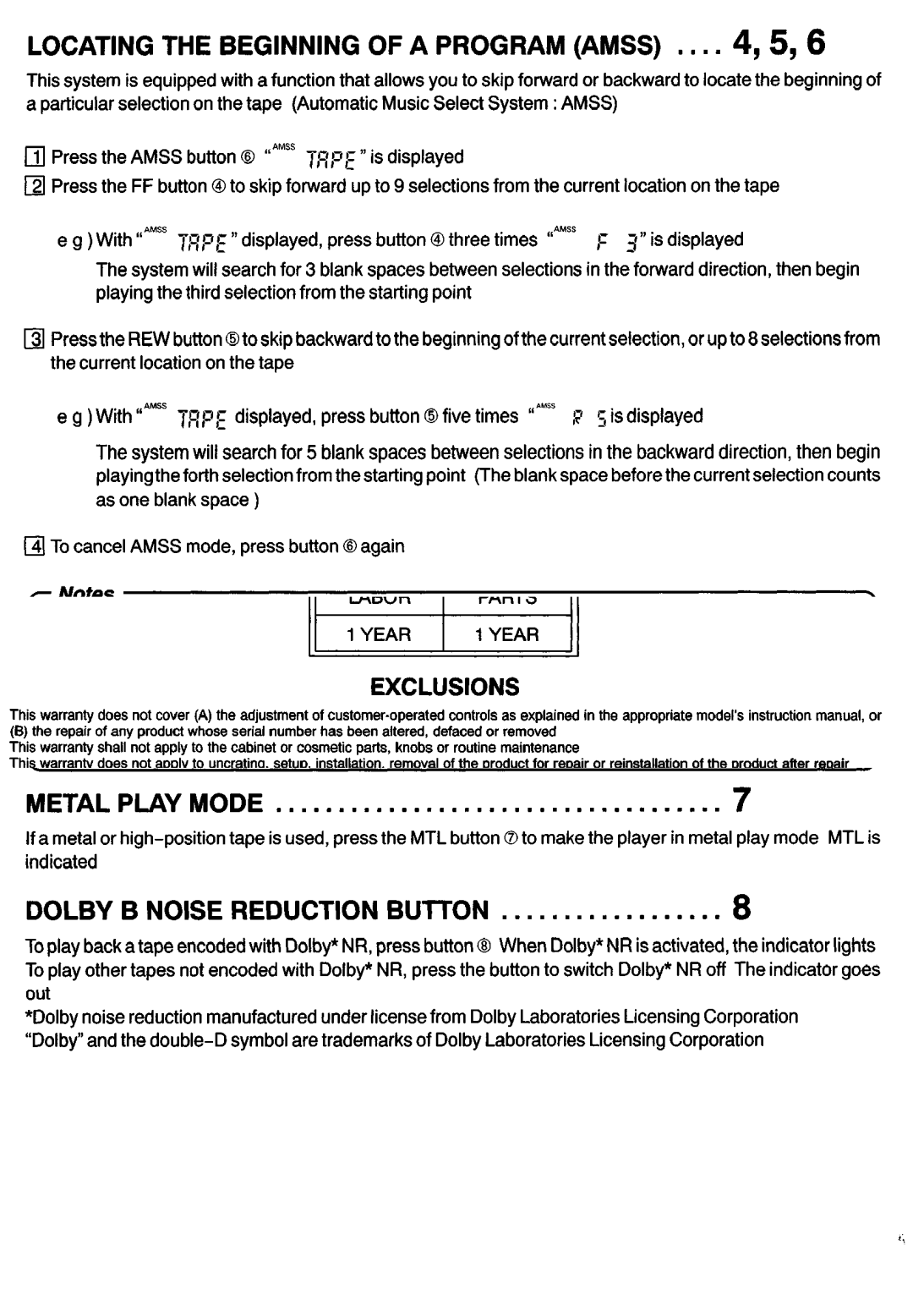 Sanyo FXCD-500 manual Locating the Beginning of a Program Amss ,5,6, Dolby B Noise Reduction Button 