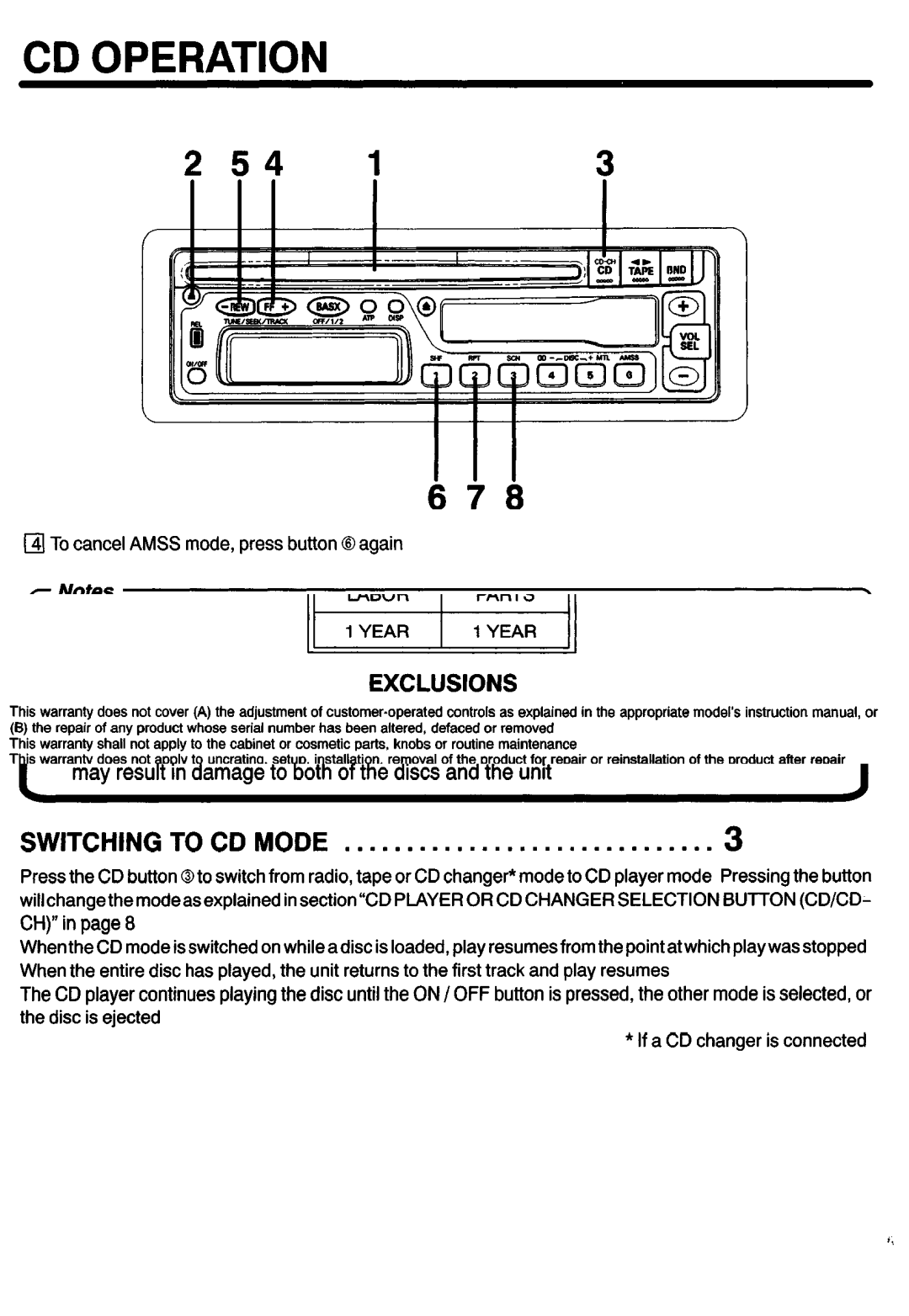 Sanyo FXCD-500 manual CD Operation, Loading and Ejecting the CD, Switching to CD Mode 