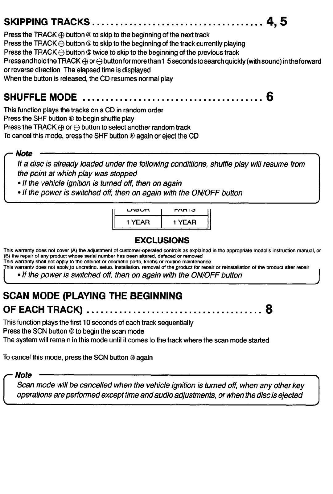 Sanyo FXCD-500 manual Skipping Tracks, Shuffle Mode, Repeat Mode, Scan Mode Playing the Beginning 