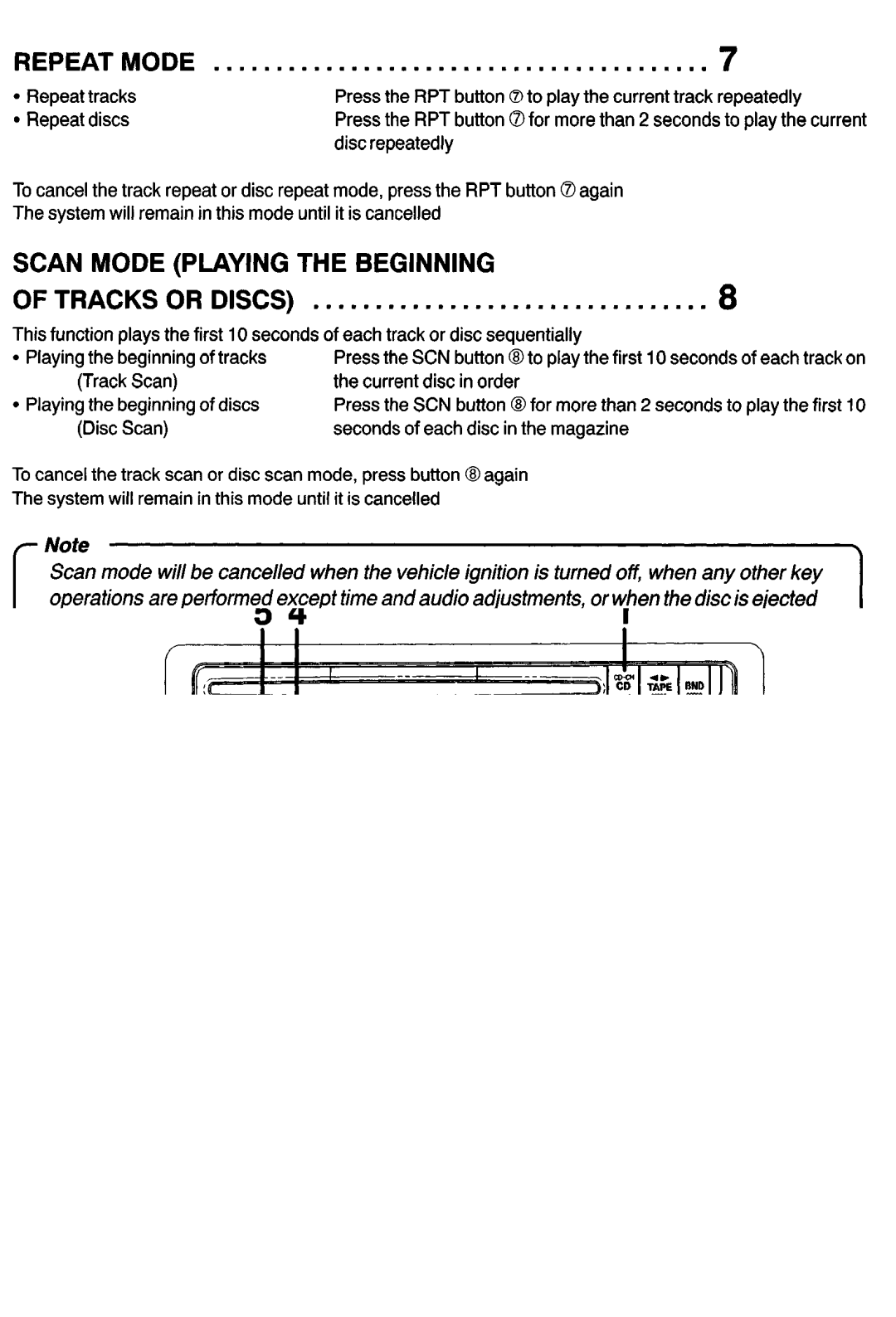 Sanyo FXCD-500 manual Repeatmode, Scan Mode Playing the Beginning Tracks Discs 