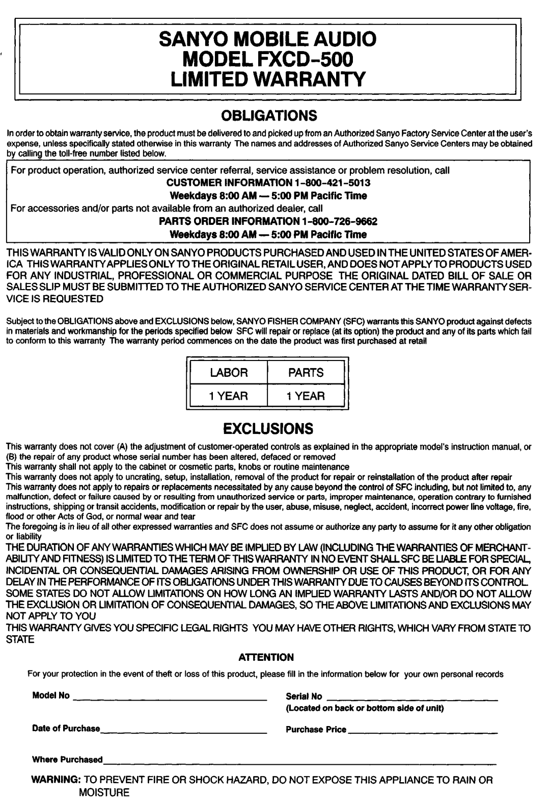Sanyo manual Sanyo Mobile Audio Model FXCD-500 Limited Warranty, Obligations, Exclusions 
