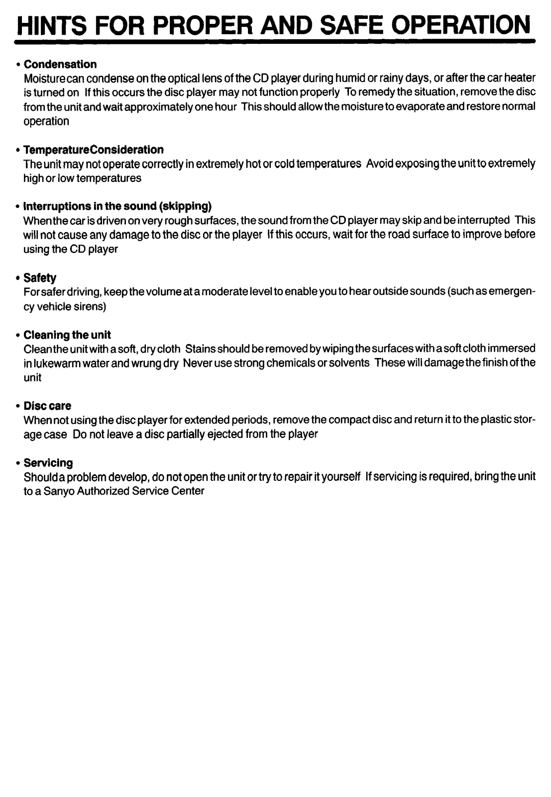 Sanyo FXCD-500 manual Hints for Proper and Safe Operation 