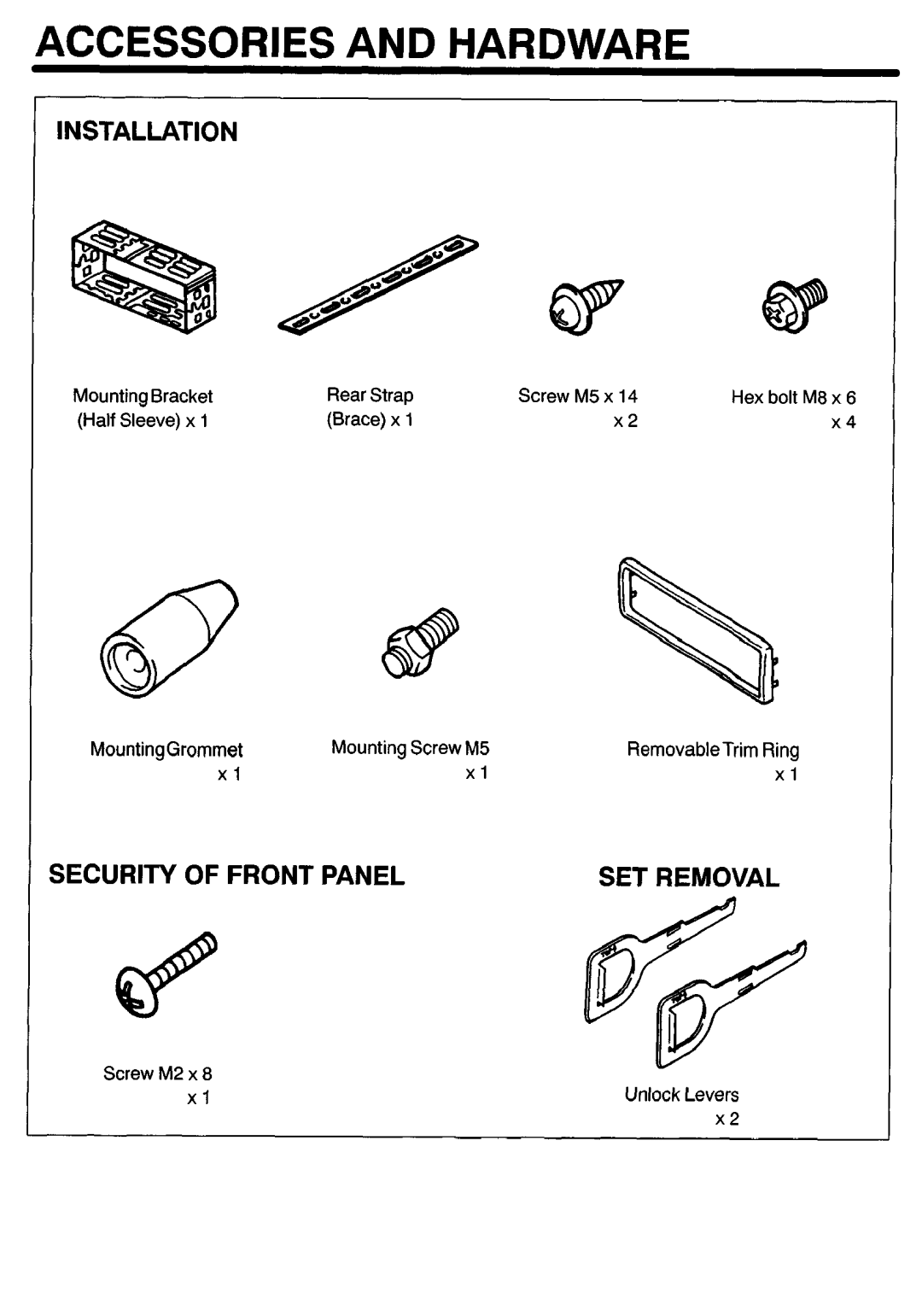 Sanyo FXCD-500 manual Accessories and Hardware, Installation, Security of Front Panel 