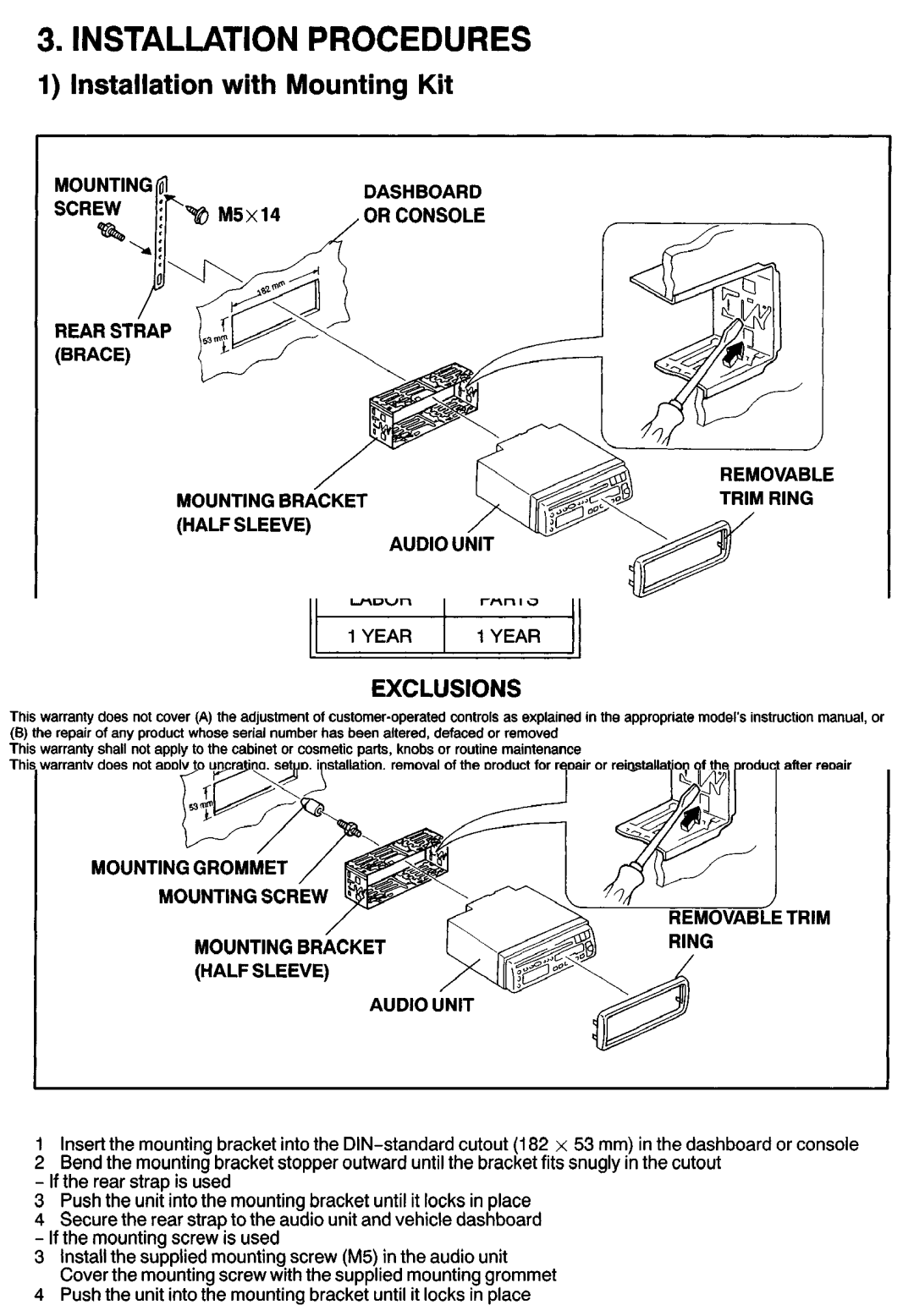 Sanyo FXCD-500 manual Installation Procedures, Installation with Mounting Kit 