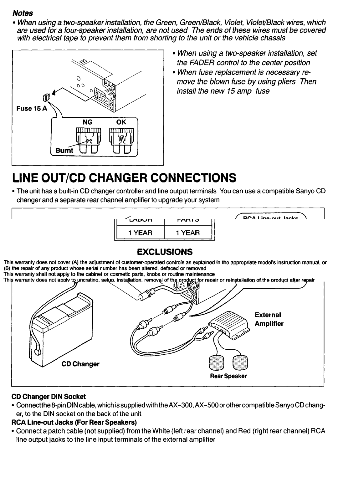 Sanyo FXCD-500 manual Line OUT/CD Changer Connections, Red wlite, CD Changer DIN Sot, External Amplifier 