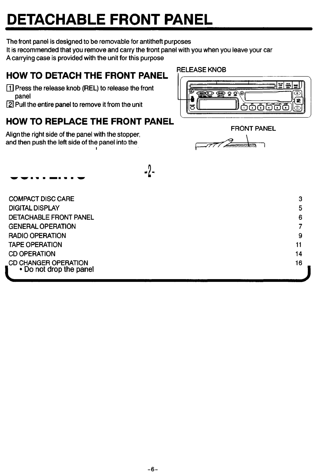 Sanyo FXCD-500 manual Detachable Front Panel, HOW to Detach the Front Panel RELEASEKNoB, HOW to Replace the Front Panel 